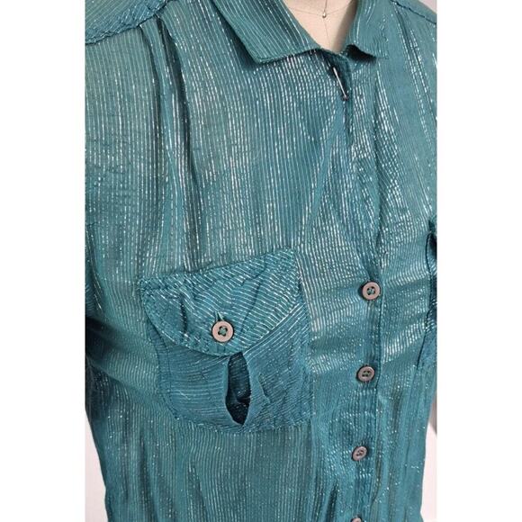 vtg 1970s Green Button Down Cotton Gauze Shirt Metallic Silver Thread Sz S - Picture 3 of 5